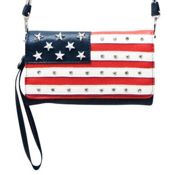 American Flag Wallet Wristlet Clutch USA Patriotic Gift Women Crossbody Trifold - Picture 4 of 6